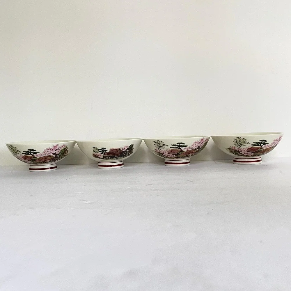 Vintage Japanese Kutani-Yaki Porcelain Rice Bowls Landscape Cherry Blossom Set 4